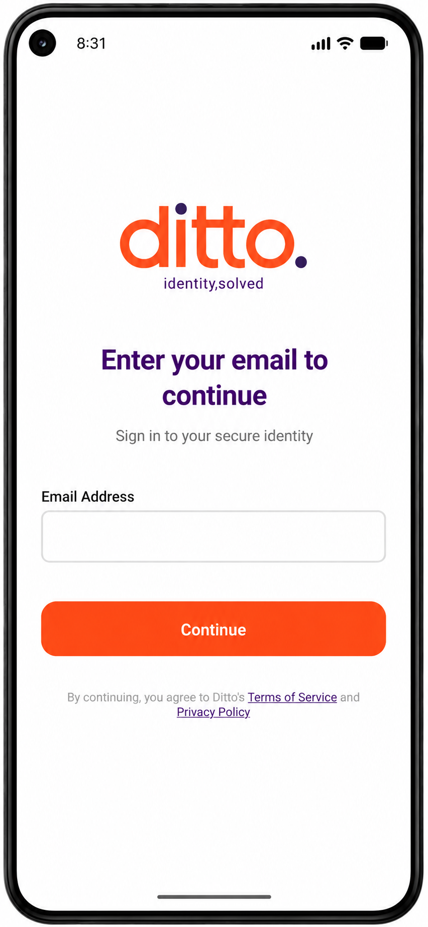 Ditto Authenticate sandbox app onboarding screen